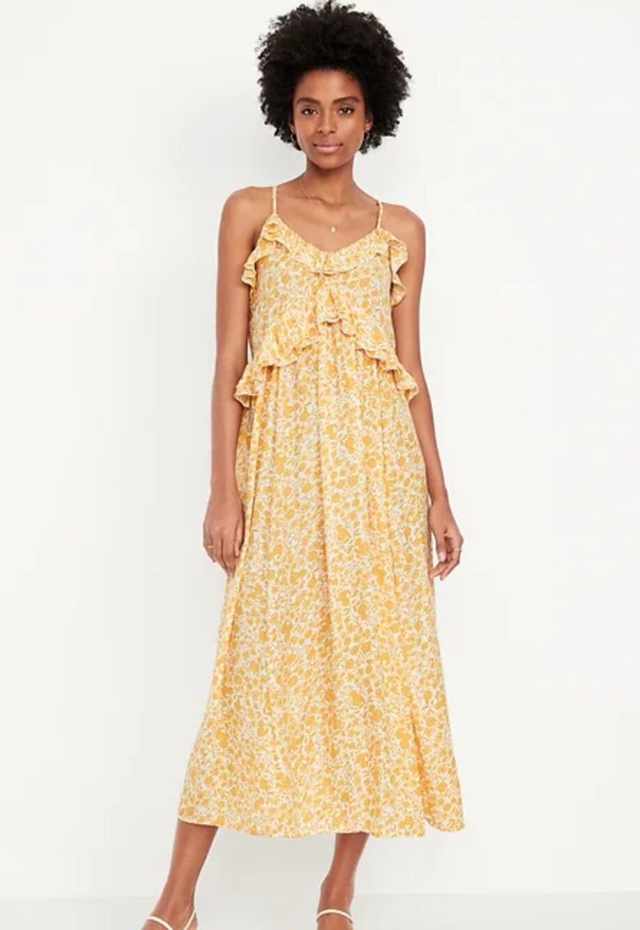Old Navy Maxi Dress Yellow Floral Ruffle Feminine M Romantic Sundress NWT